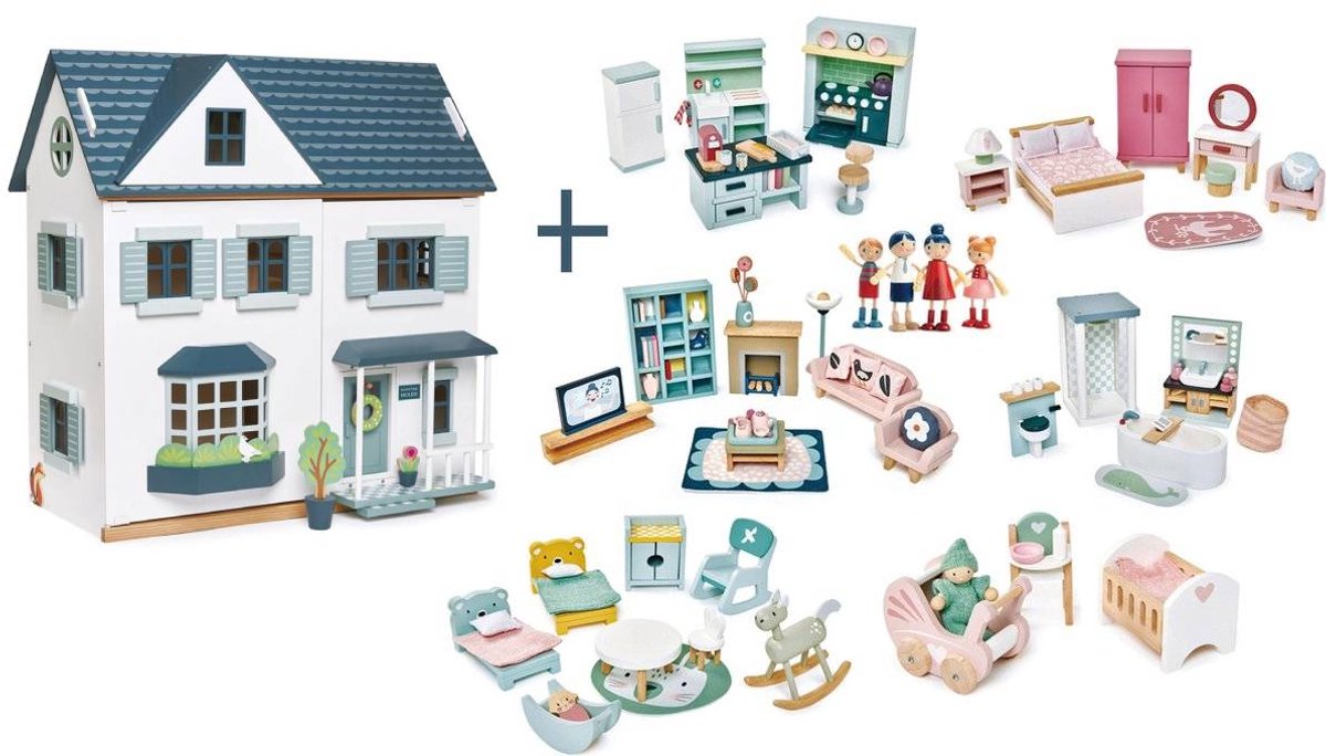 [G] Tender Leaf uniek houten poppenhuis Dovetail 3 verdiepingen inclusief houten poppen familie woonkamer en keuken/slaapkamer/badkamer, kinderkamer en babykamer meubels plus babypop - 40 x 72 x 90 cm cm